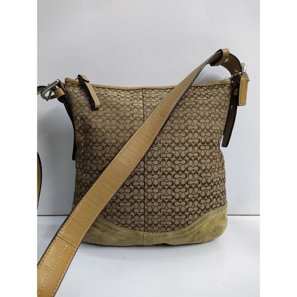 Coach Handbags - Coach Signature Brown Canvas Suede Leather Trim Zipper Crossbody Shoulder Bag